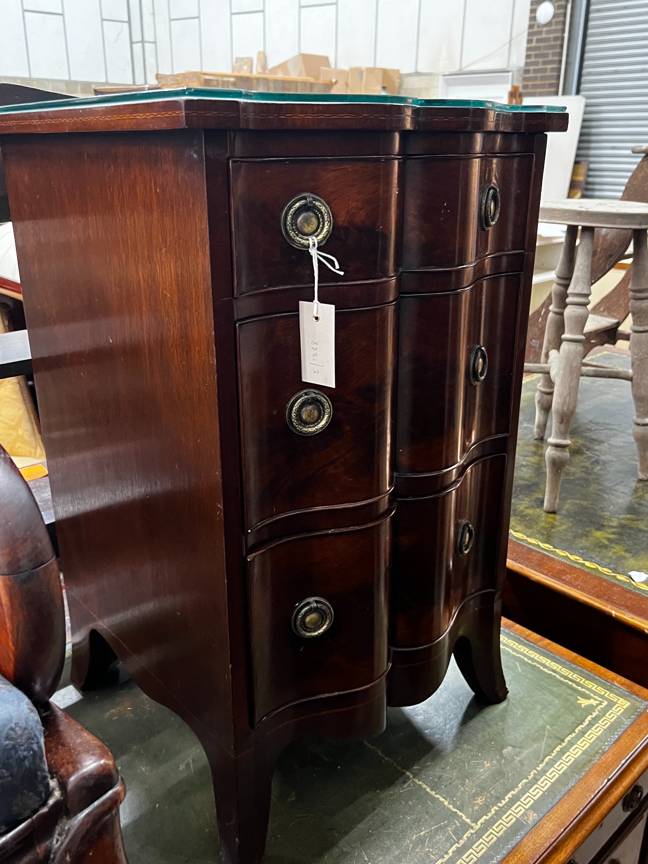 A small reproduction mahogany three drawer chest, width 45cm, depth 45cm, height 74cm